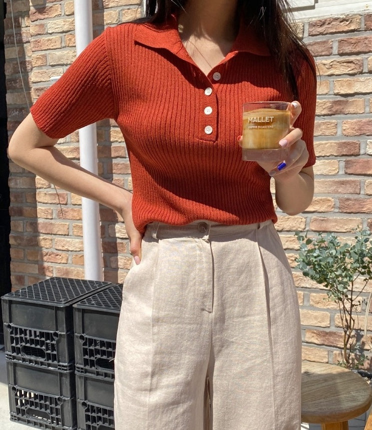 Red Ribbed Knitted Polo Shirt