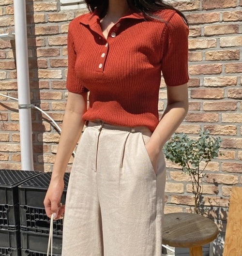 Red Ribbed Knitted Polo Shirt