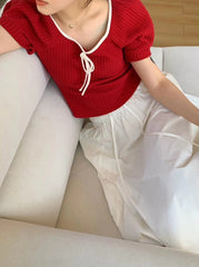 Red Ribbon Tie Puff Sleeve Top