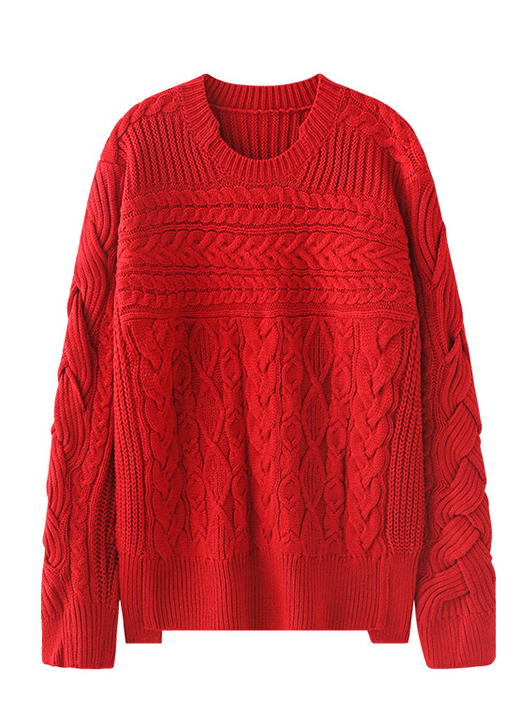 Red Round Neck Twist Knit Sweater