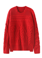 Red Round Neck Twist Knit Sweater
