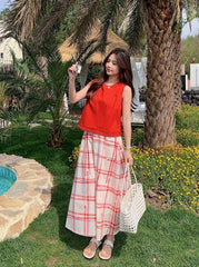 Red Ruffled Vest Plaid Skirt Set