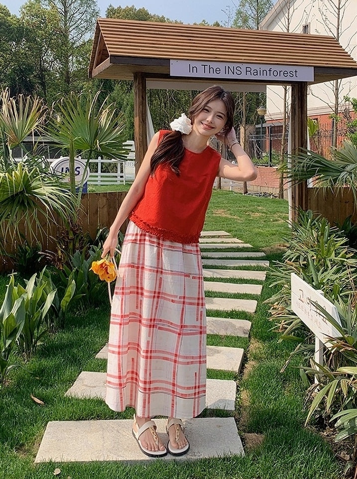 Red Ruffled Vest Plaid Skirt Set