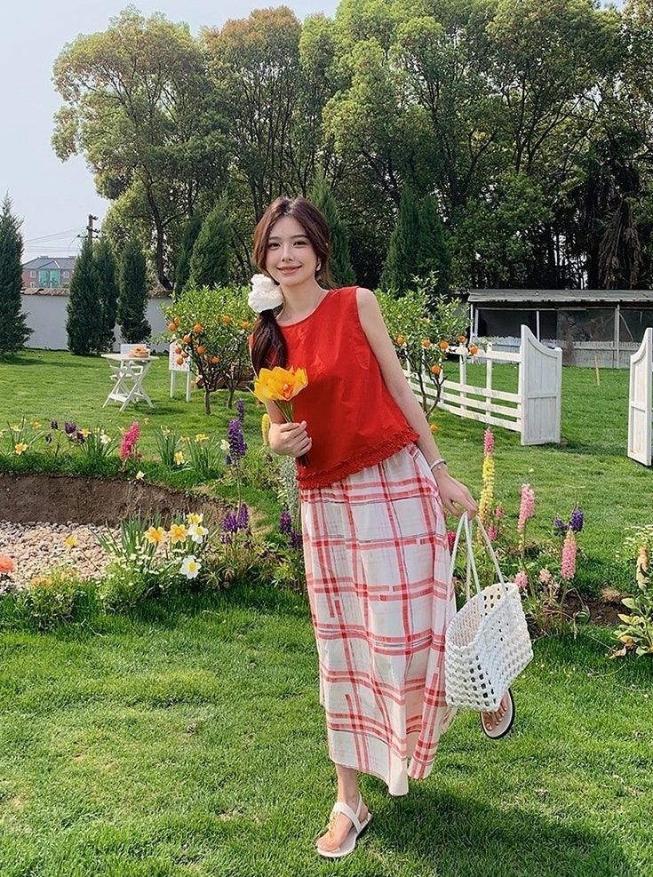 Red Ruffled Vest Plaid Skirt Set