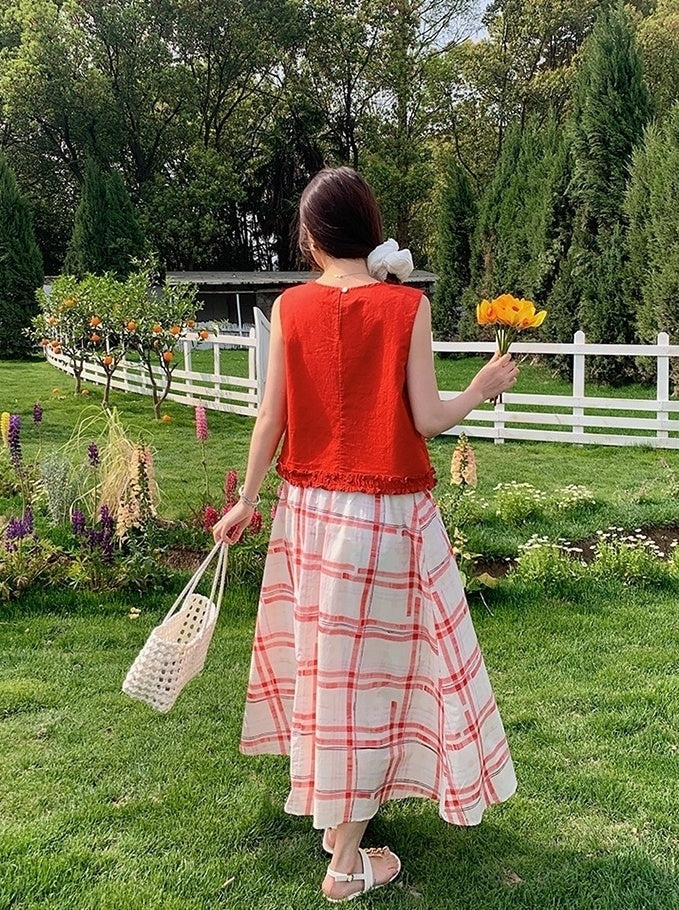 Red Ruffled Vest Plaid Skirt Set