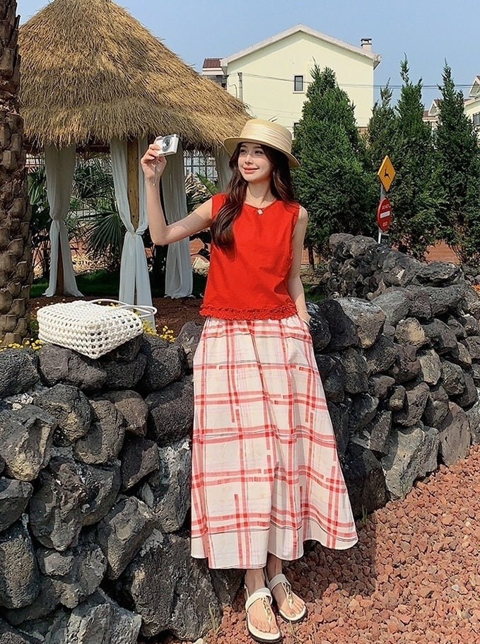 Red Ruffled Vest Plaid Skirt Set