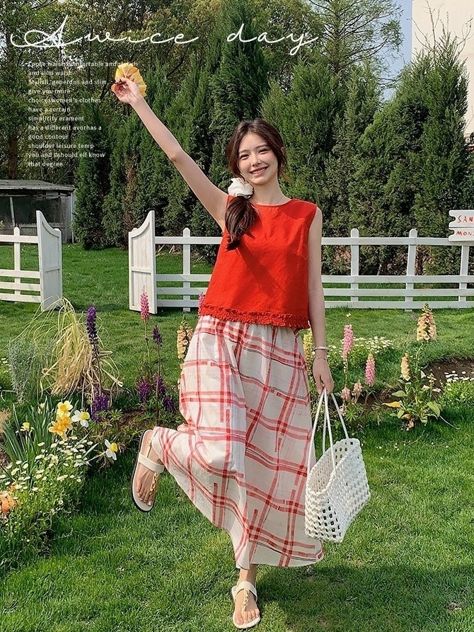 Red Ruffled Vest Plaid Skirt Set