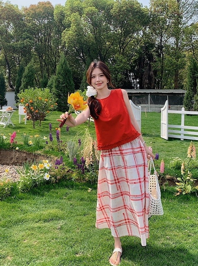 Red Ruffled Vest Plaid Skirt Set