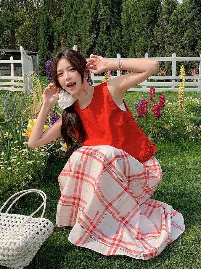 Red Ruffled Vest Plaid Skirt Set