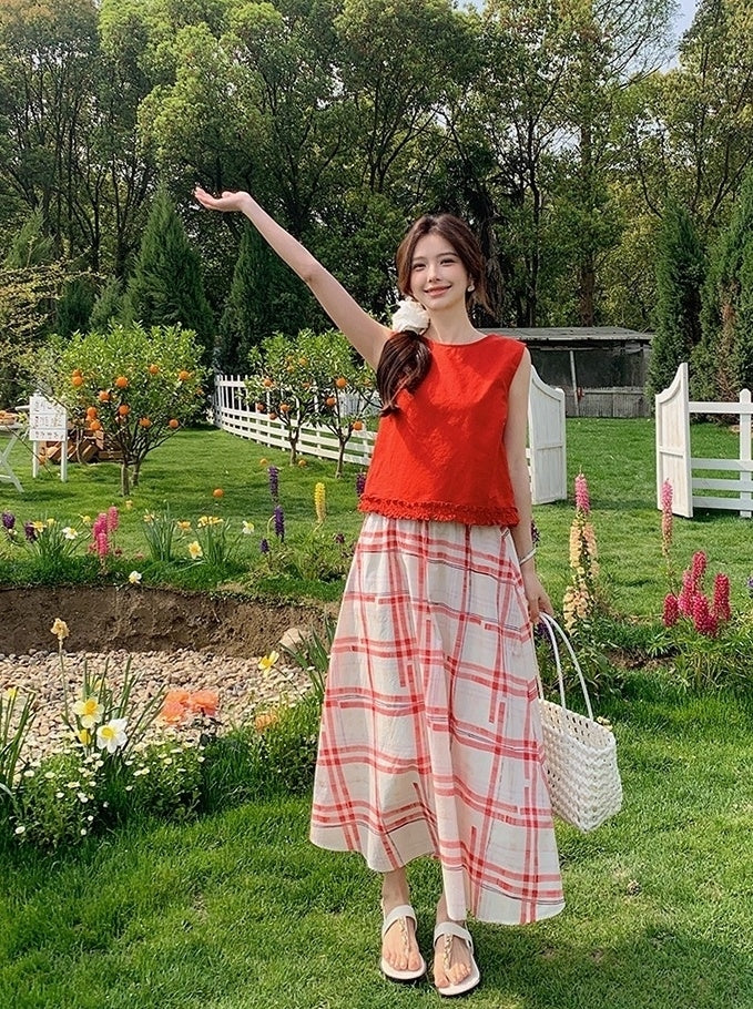 Red Ruffled Vest Plaid Skirt Set