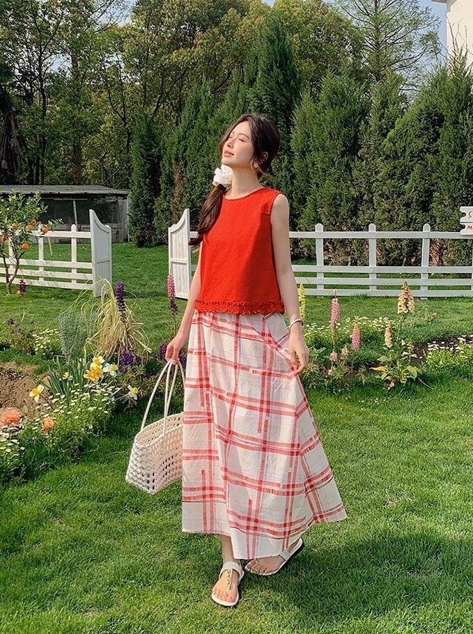 Red Ruffled Vest Plaid Skirt Set