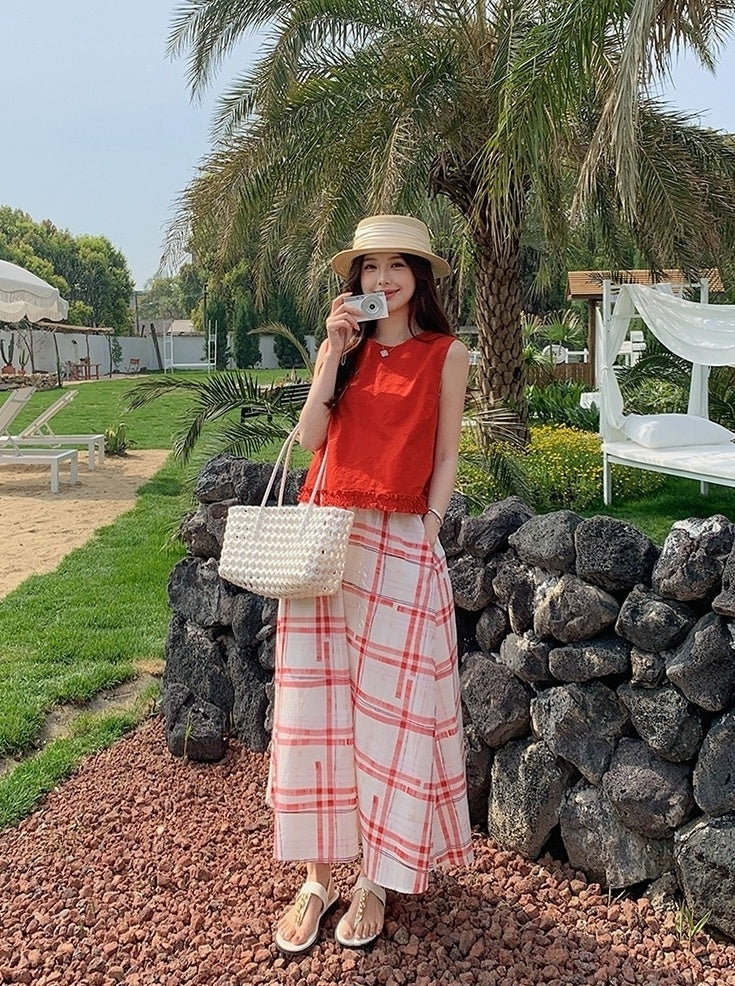 Red Ruffled Vest Plaid Skirt Set