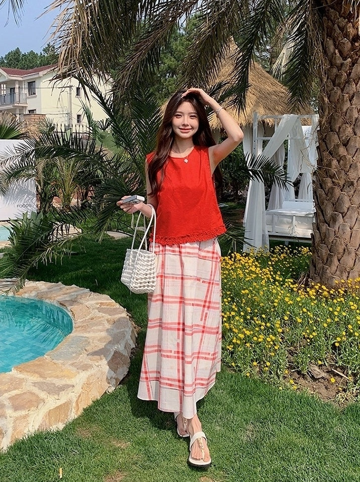 Red Ruffled Vest Plaid Skirt Set