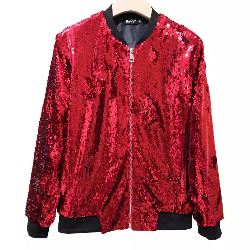 Red Sequins Bomber Zipper Jacket