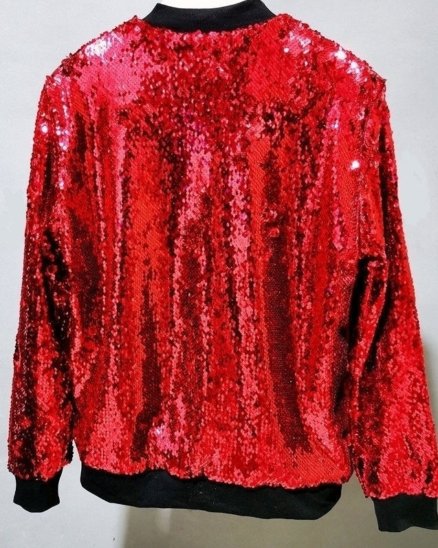 Red Sequins Bomber Zipper Jacket