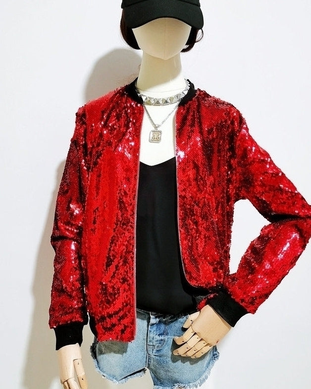 Red Sequins Bomber Zipper Jacket