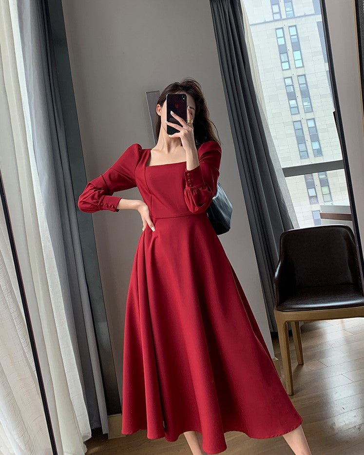 Red Square Neckline Long Sleeves Dress