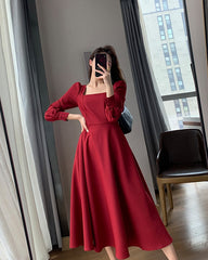 Red Square Neckline Long Sleeves Dress