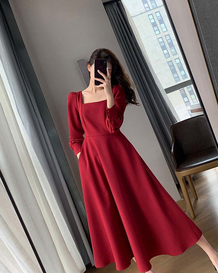 Red Square Neckline Long Sleeves Dress