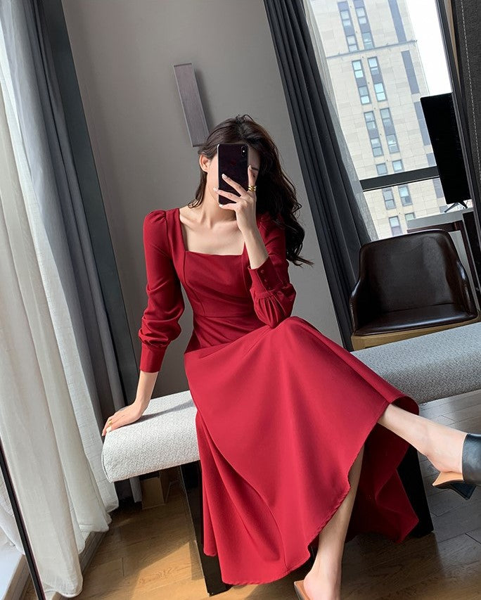 Red Square Neckline Long Sleeves Dress