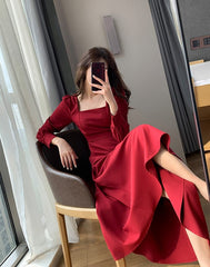 Red Square Neckline Long Sleeves Dress