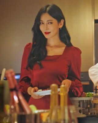 Red Square Neckline Long Sleeves Dress