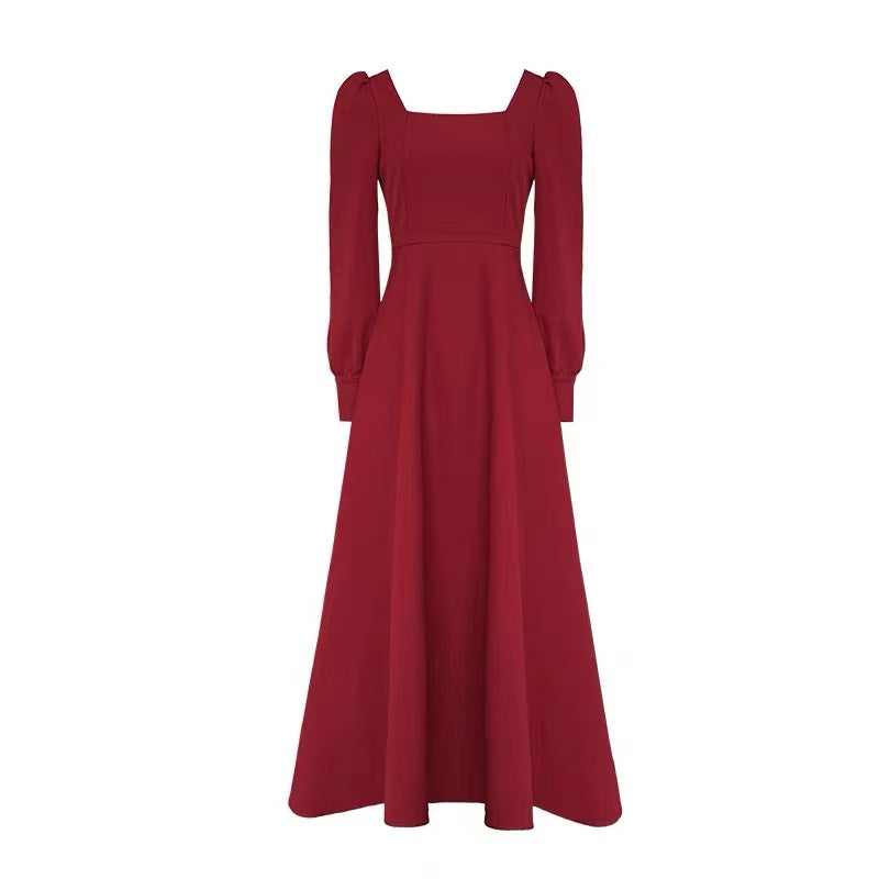 Red Square Neckline Long Sleeves Dress