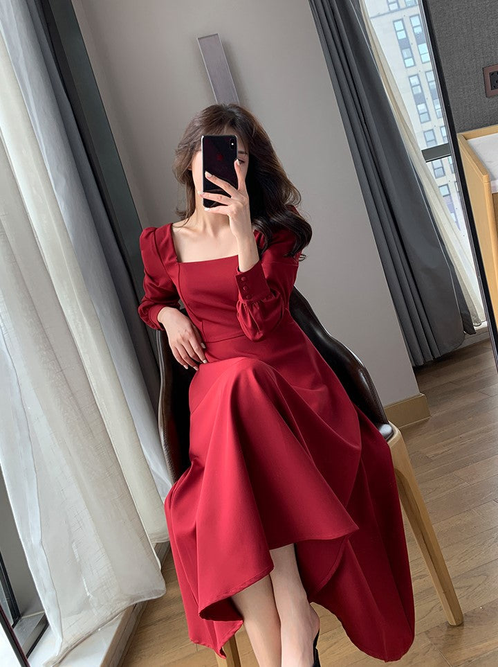 Red Square Neckline Long Sleeves Dress
