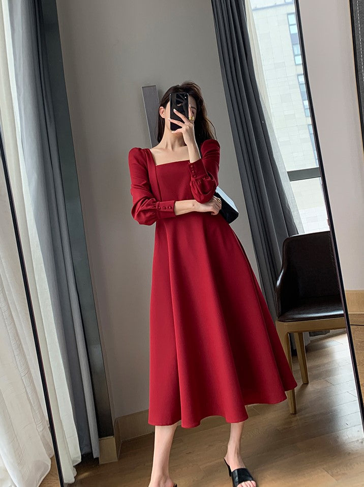 Red Square Neckline Long Sleeves Dress