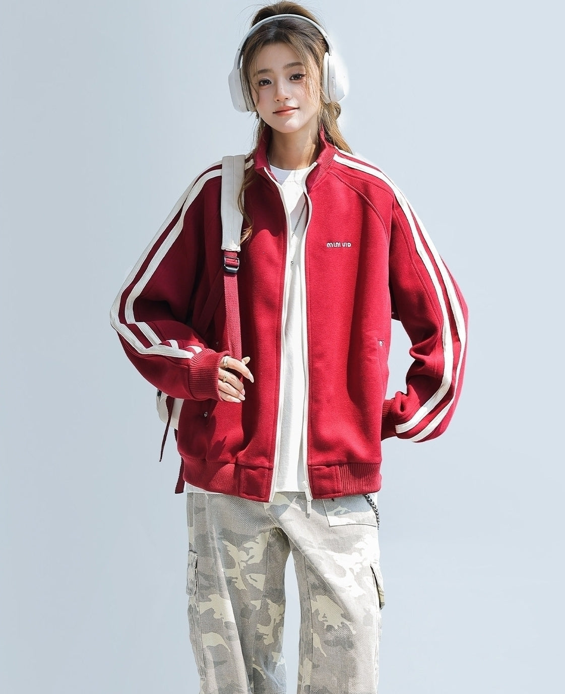 Red Stand Collar Striped Tape Zip Up Jacket