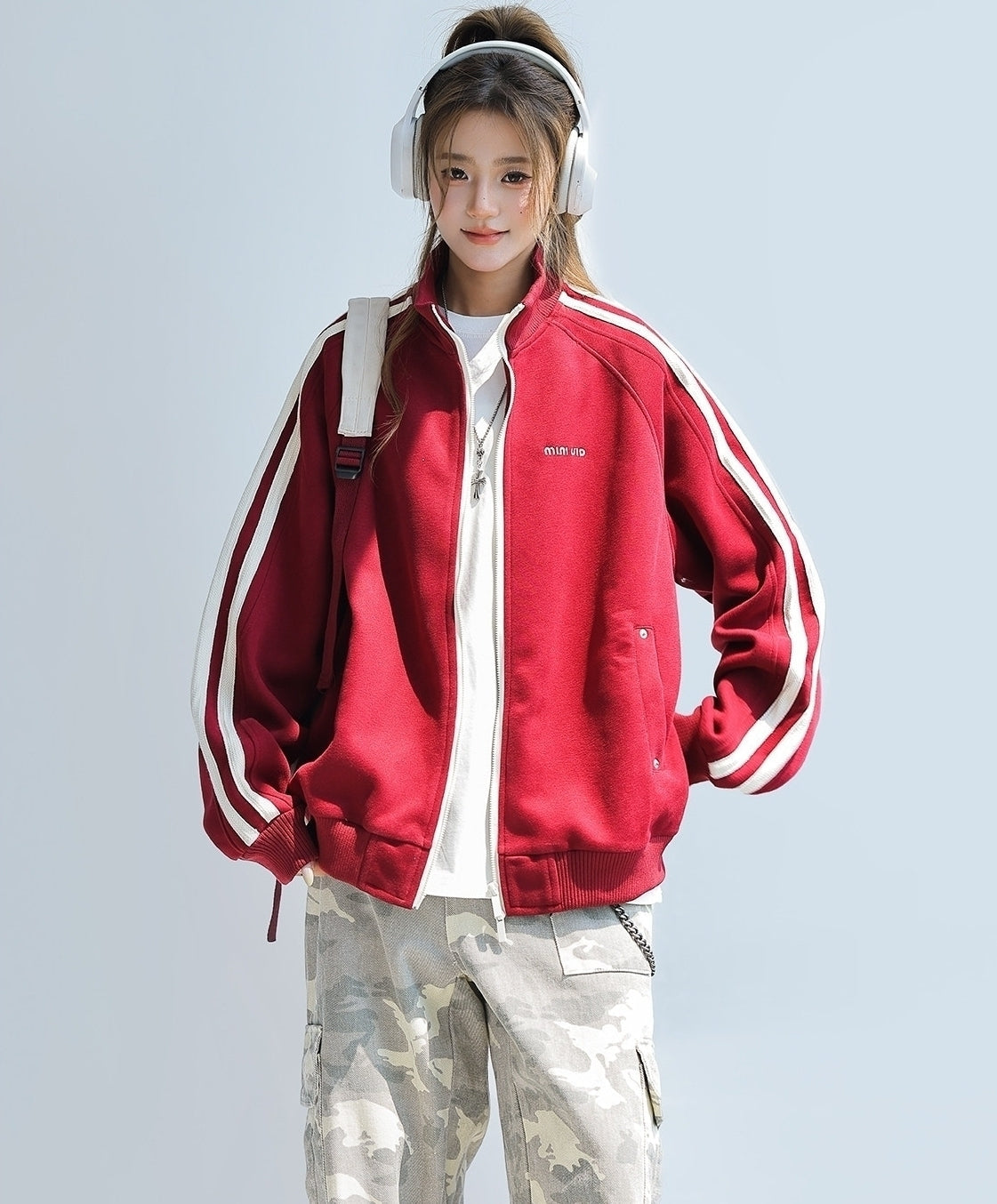Red Stand Collar Striped Tape Zip Up Jacket