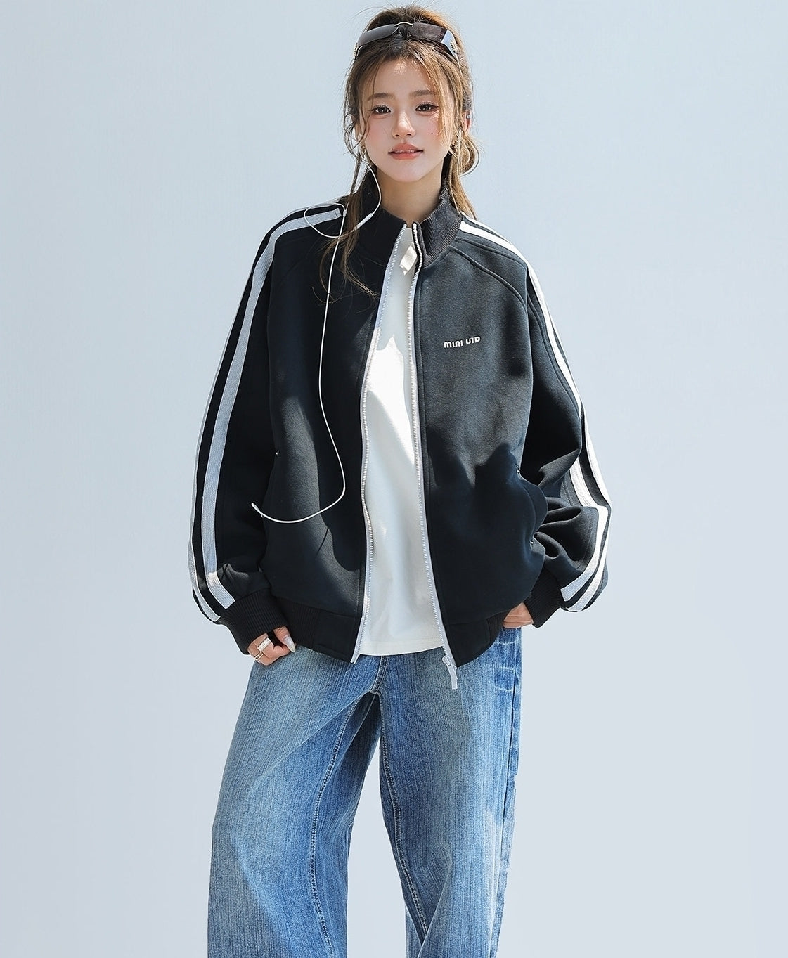 Red Stand Collar Striped Tape Zip Up Jacket