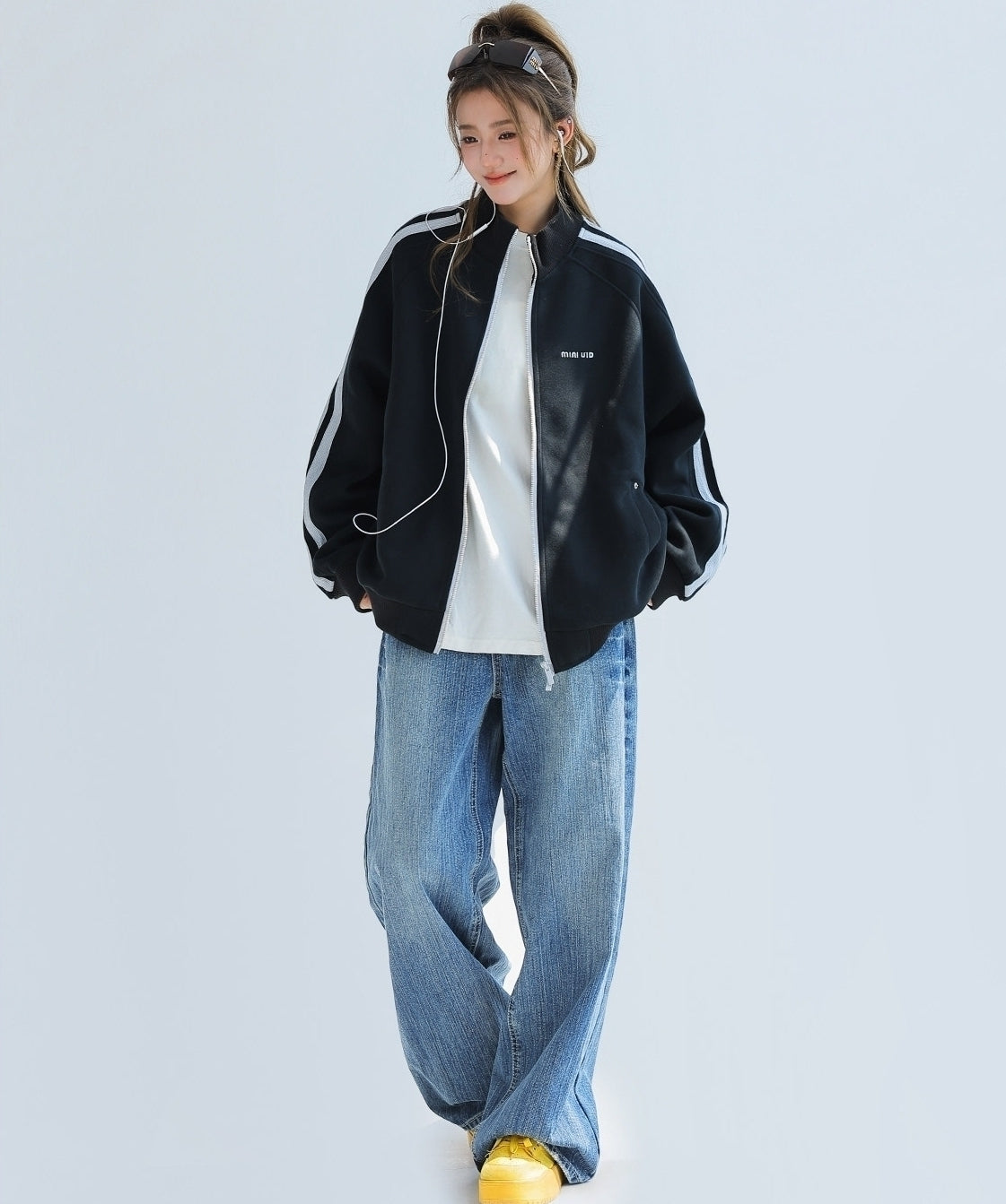 Red Stand Collar Striped Tape Zip Up Jacket