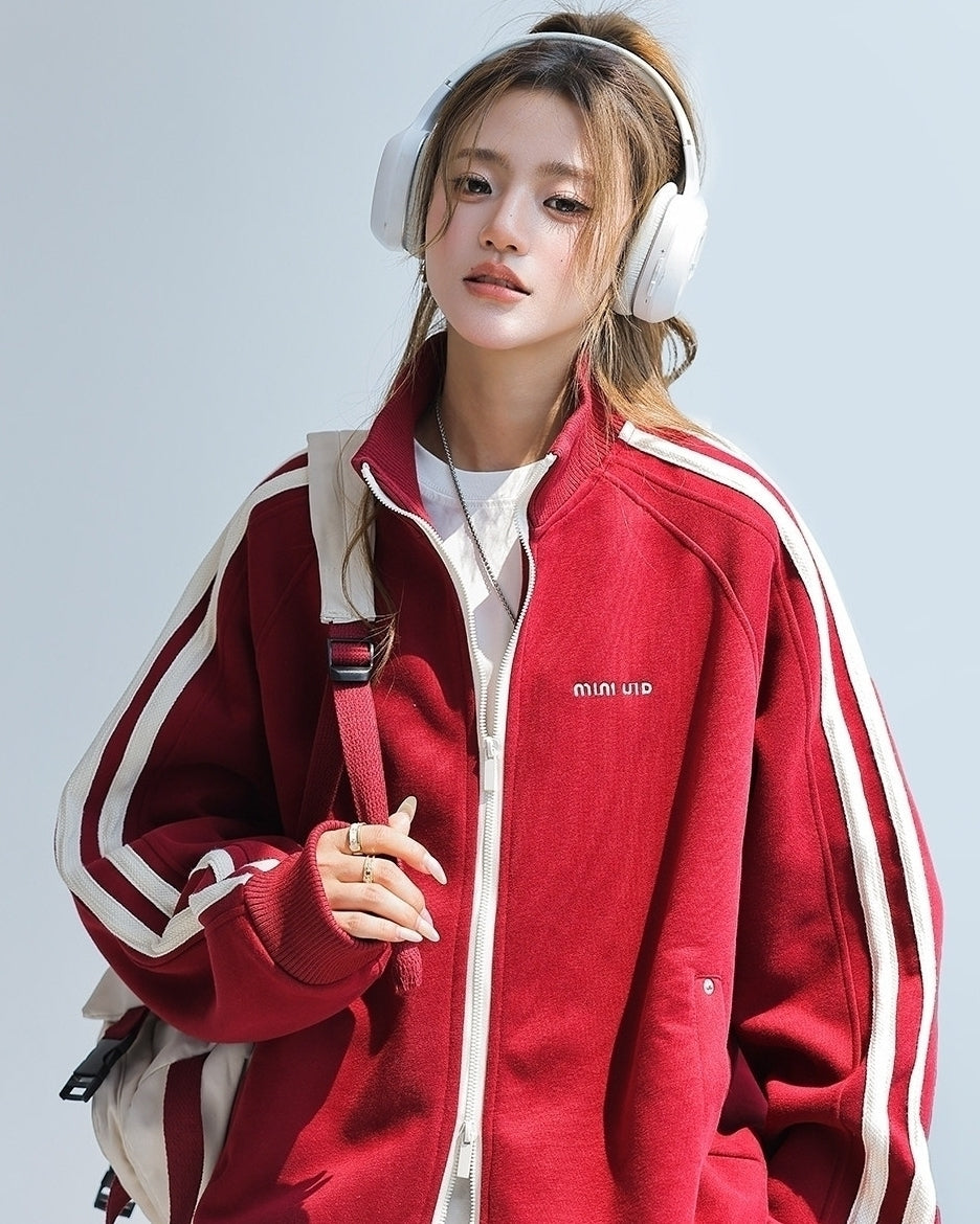 Red Stand Collar Striped Tape Zip Up Jacket