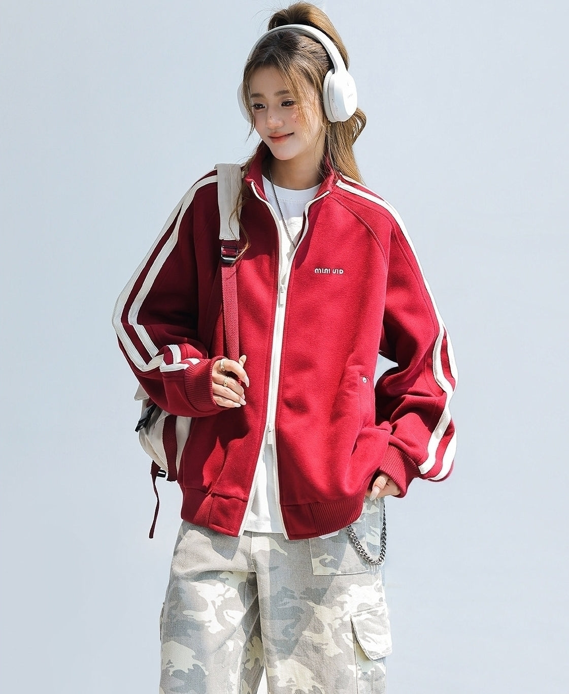 Red Stand Collar Striped Tape Zip Up Jacket