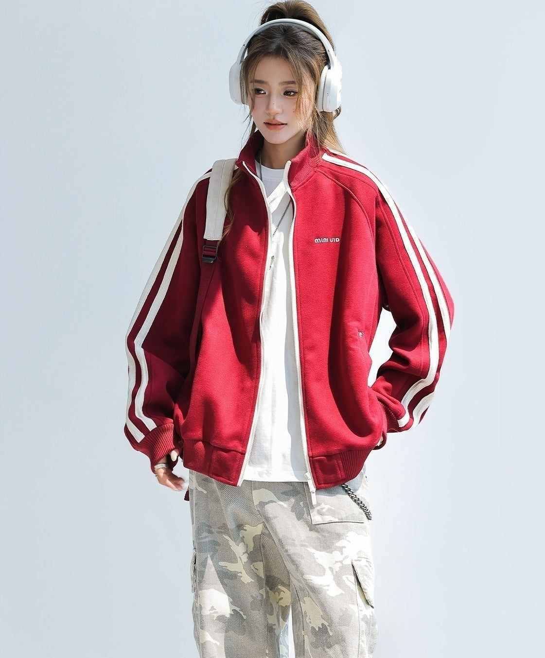 Red Stand Collar Striped Tape Zip Up Jacket