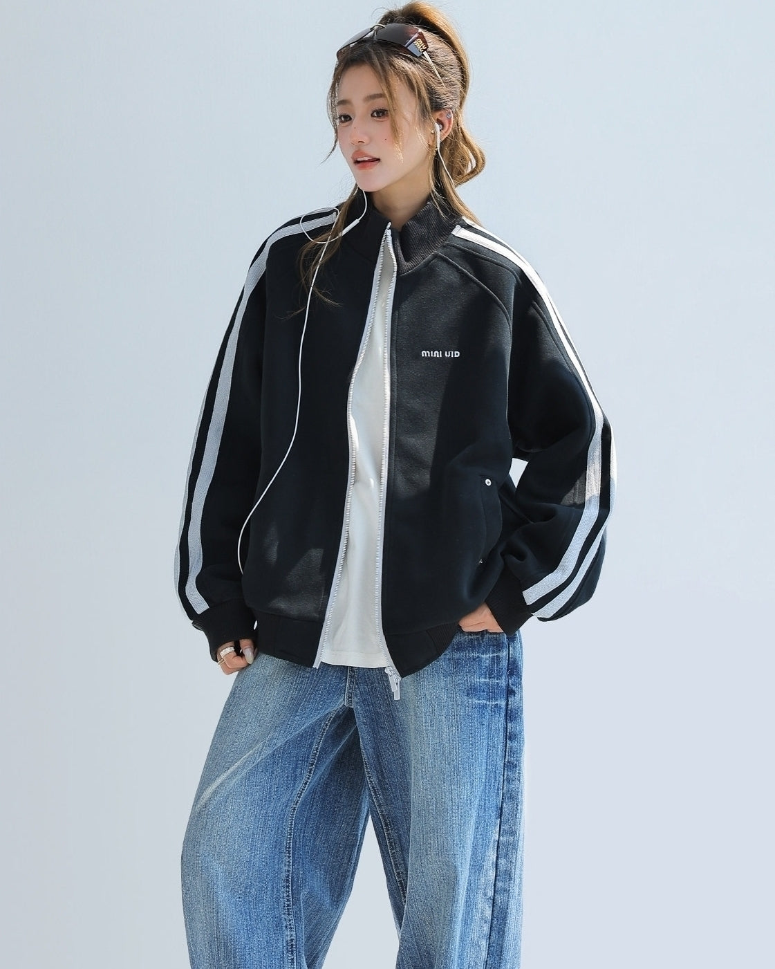 Red Stand Collar Striped Tape Zip Up Jacket