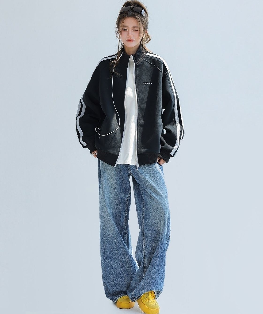 Red Stand Collar Striped Tape Zip Up Jacket