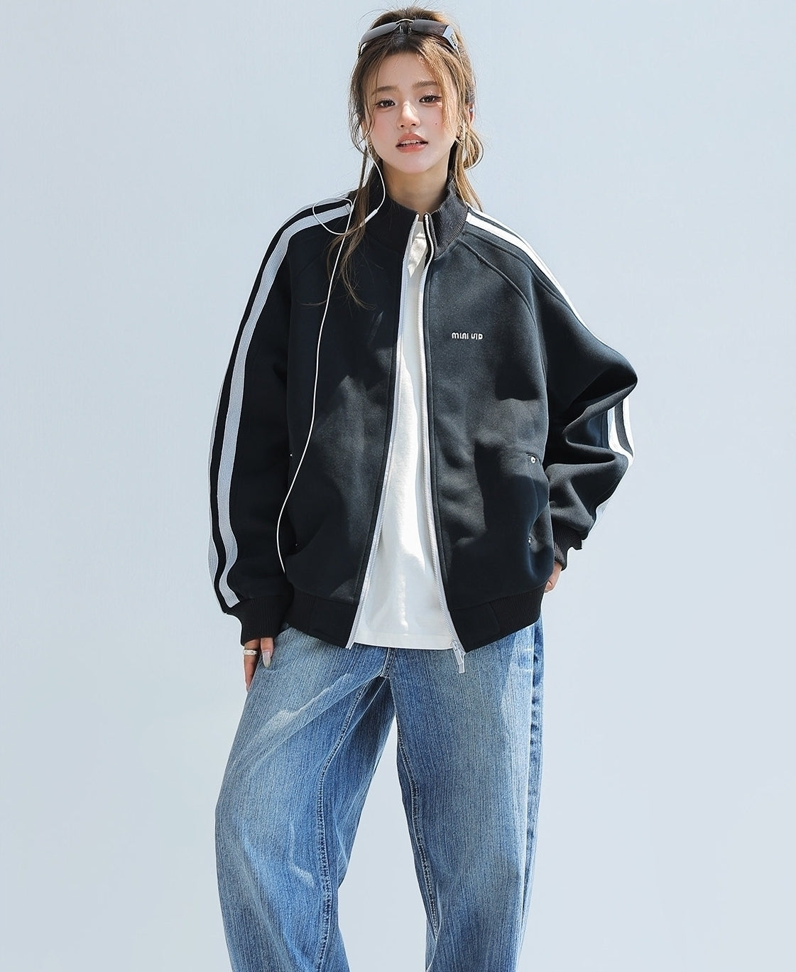 Red Stand Collar Striped Tape Zip Up Jacket