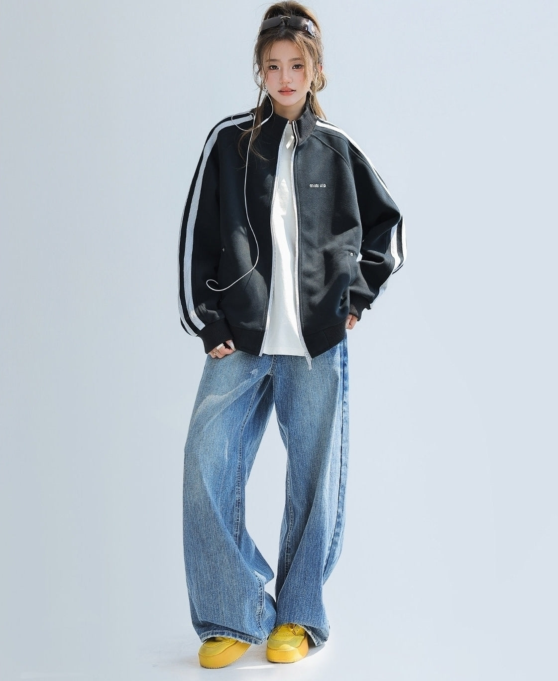 Red Stand Collar Striped Tape Zip Up Jacket