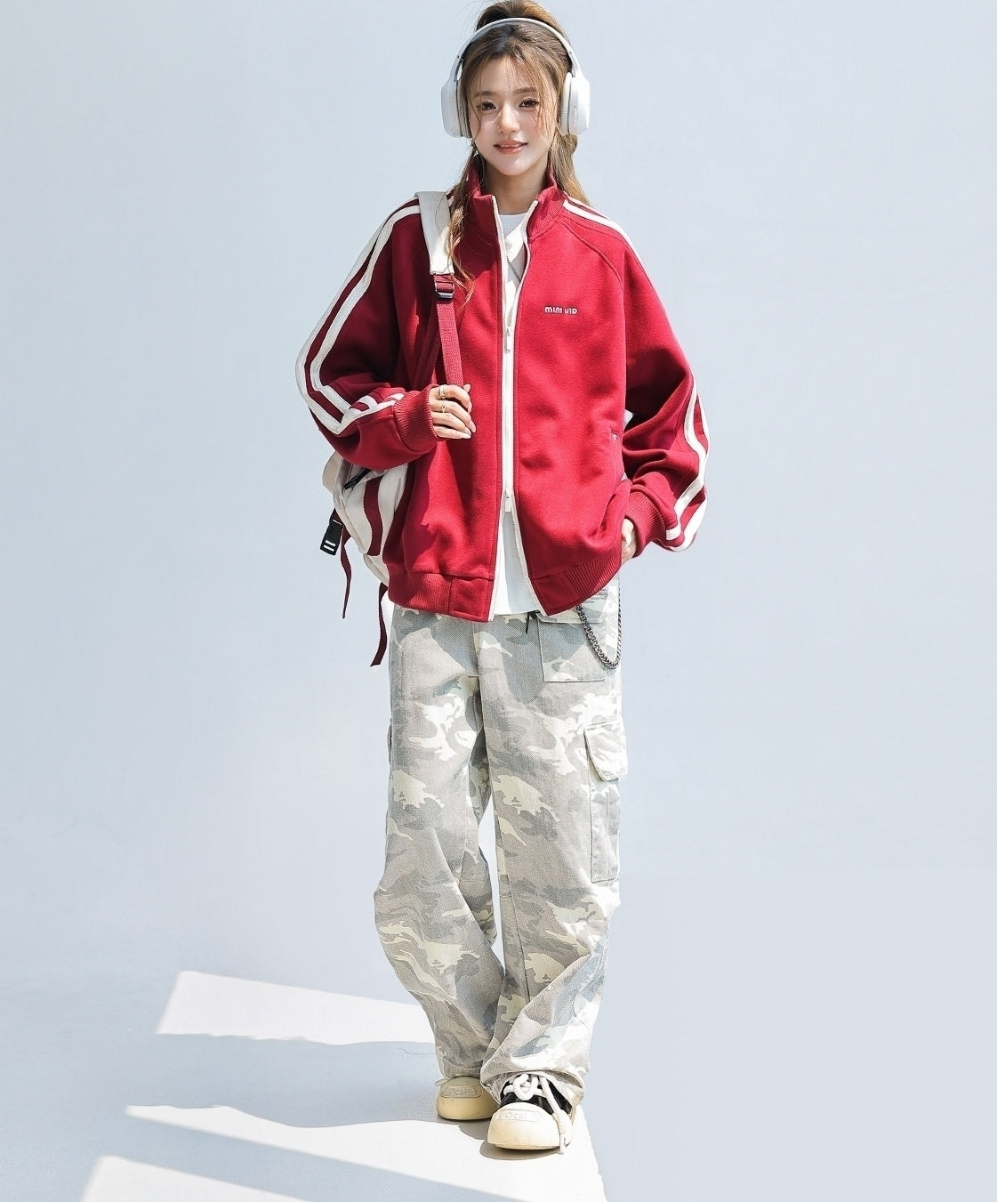 Red Stand Collar Striped Tape Zip Up Jacket