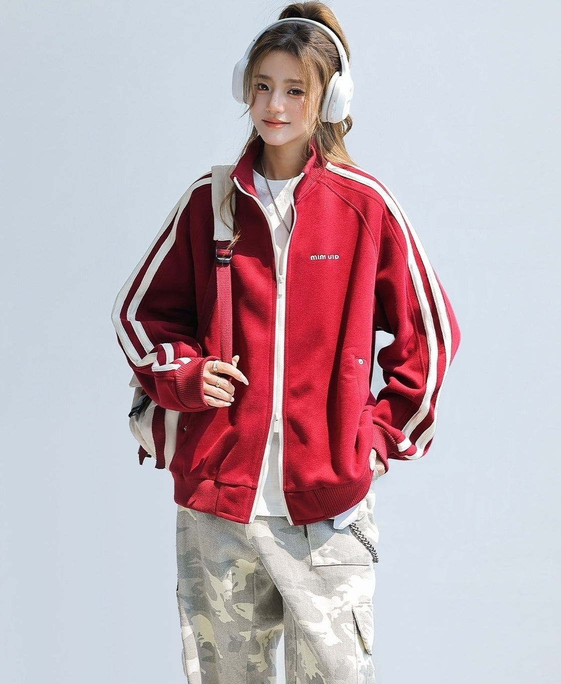 Red Stand Collar Striped Tape Zip Up Jacket