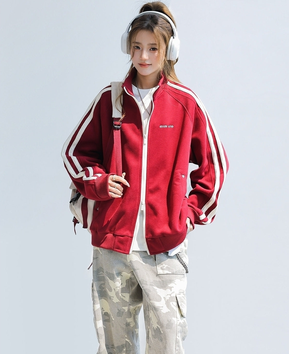 Red Stand Collar Striped Tape Zip Up Jacket