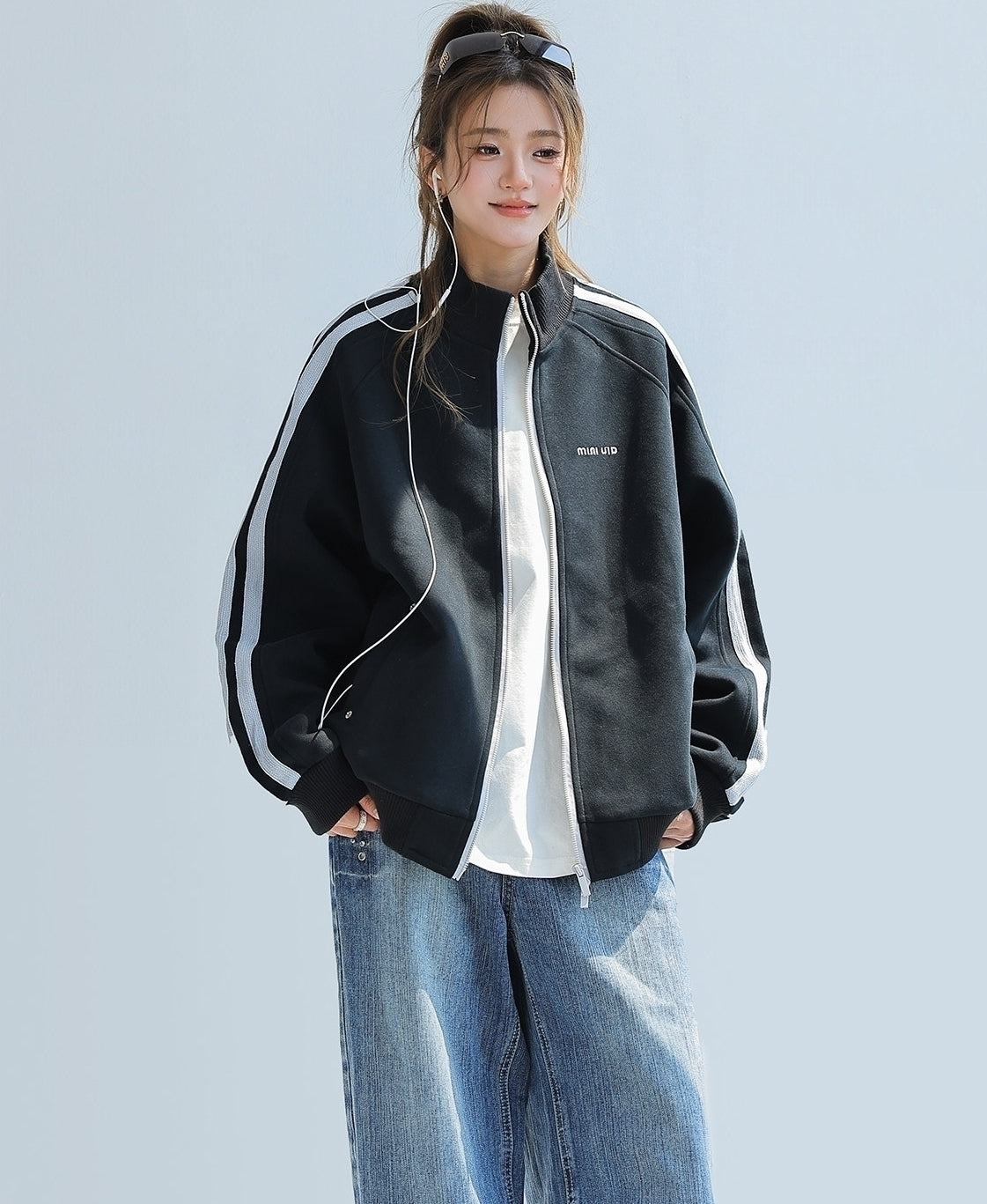 Red Stand Collar Striped Tape Zip Up Jacket