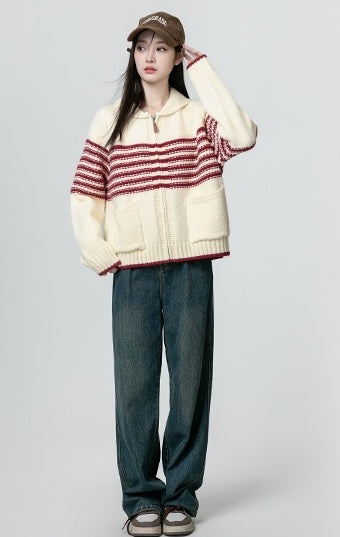 Red Striped Knit Zip Cardigan