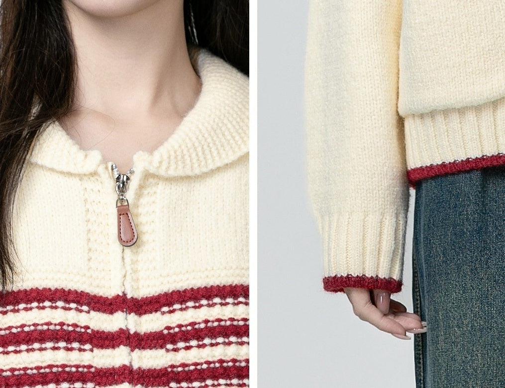 Red Striped Knit Zip Cardigan