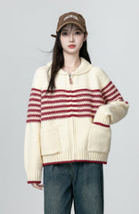 Red Striped Knit Zip Cardigan