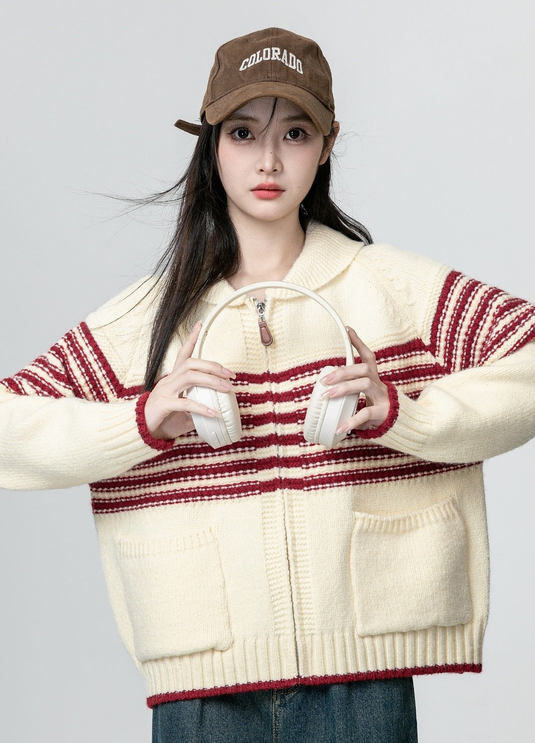 Red Striped Knit Zip Cardigan