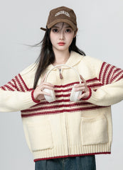 Red Striped Knit Zip Cardigan