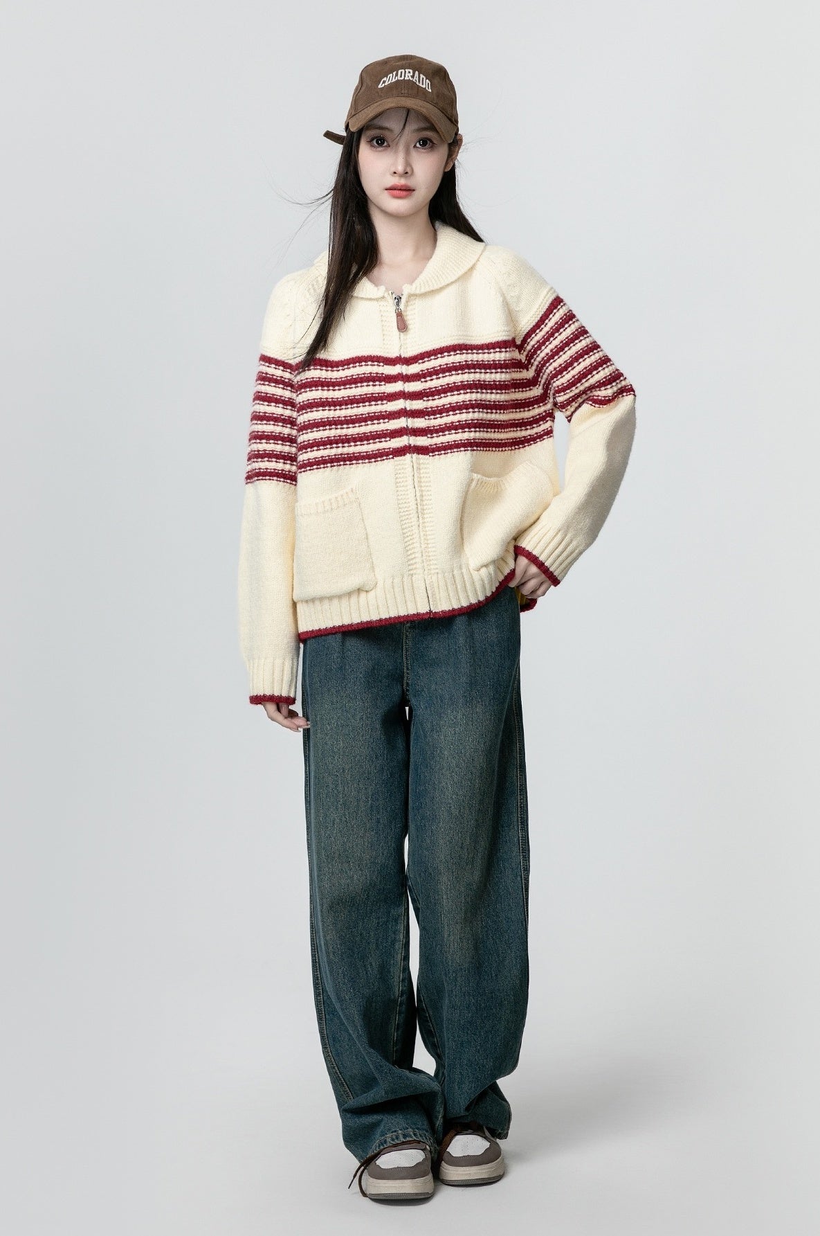 Red Striped Knit Zip Cardigan